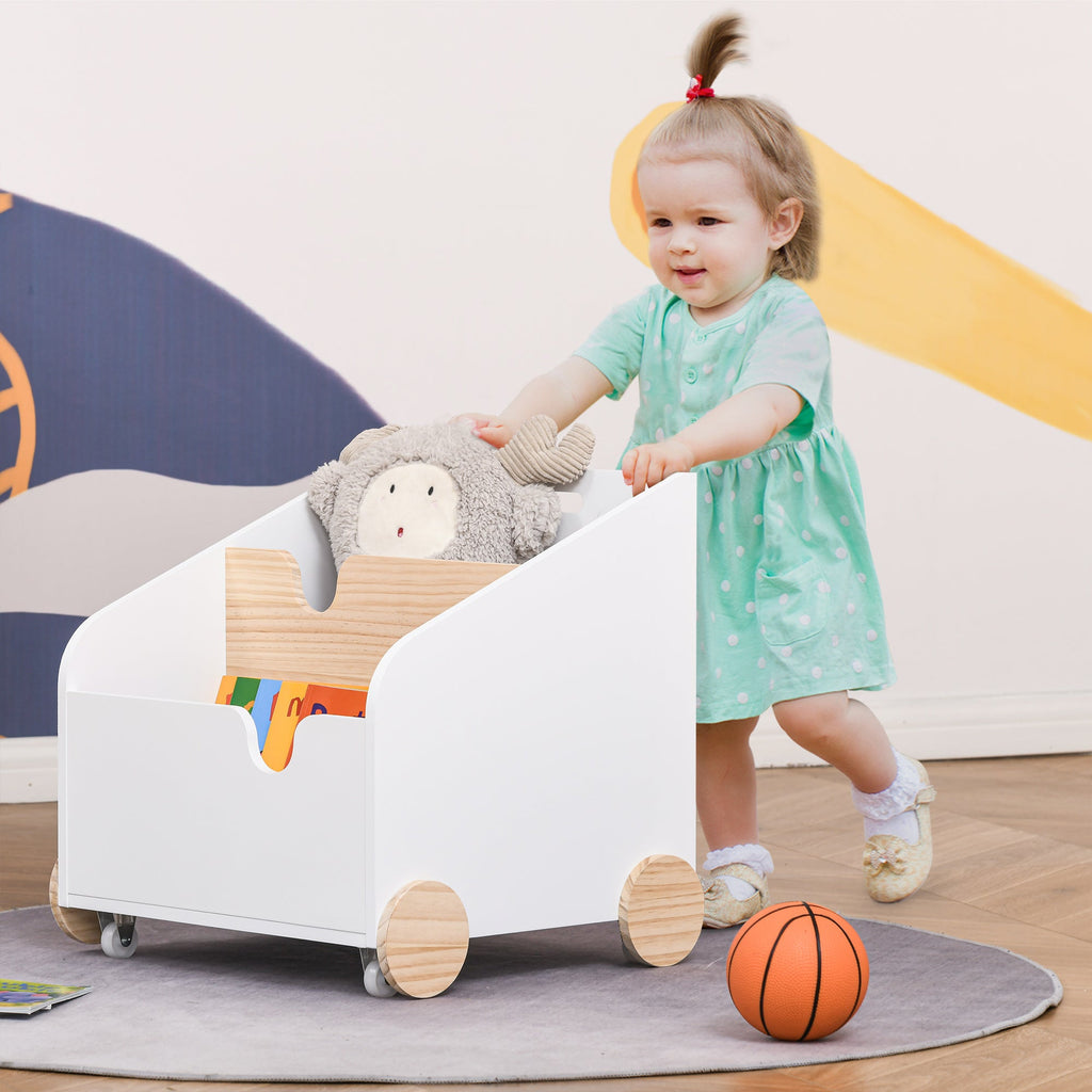 Caixa de Armazenamento de Brinquedos de 2 Seções com Rodas Puxador Carrinho de Madeira Infantil 40x43x43cm Branco e Madeira Natural