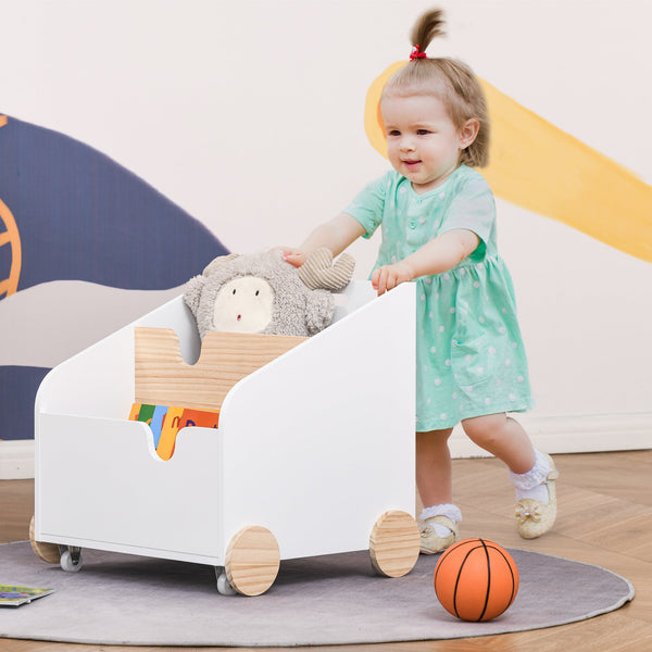 Caixa de Armazenamento de Brinquedos de 2 Seções com Rodas Puxador Carrinho de Madeira Infantil 40x43x43cm Branco e Madeira Natural