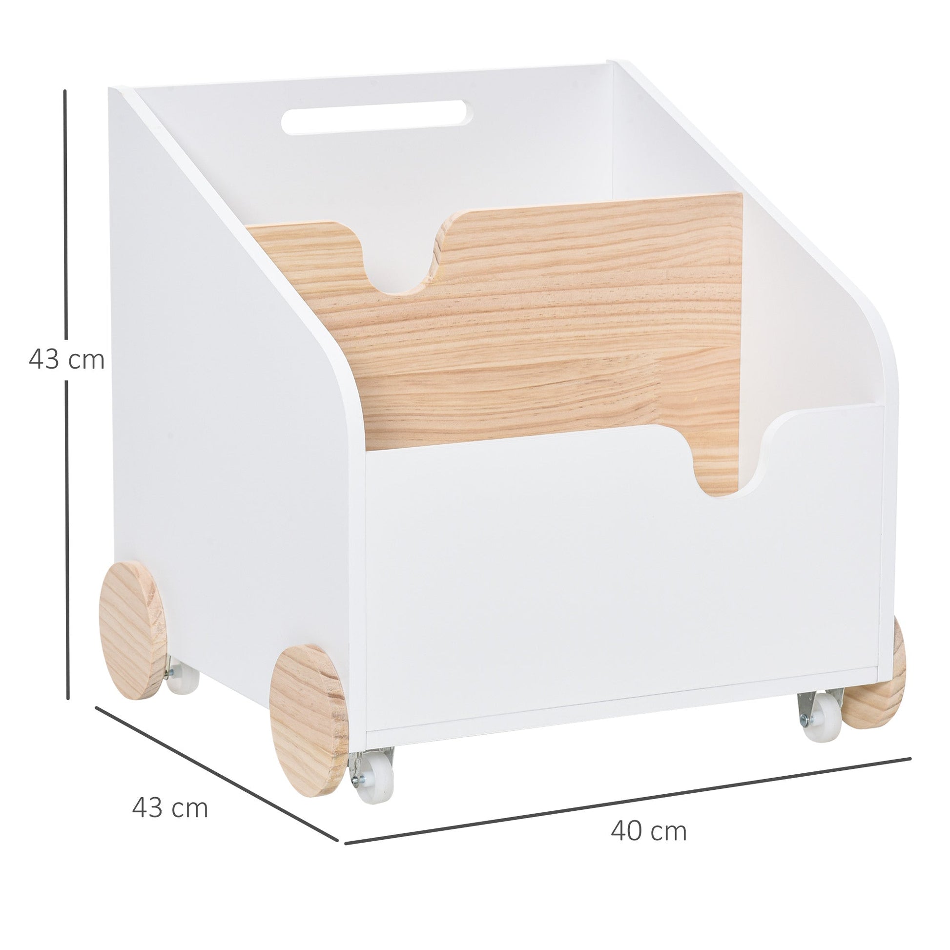 Caixa de Armazenamento de Brinquedos de 2 Seções com Rodas Puxador Carrinho de Madeira Infantil 40x43x43cm Branco e Madeira Natural
