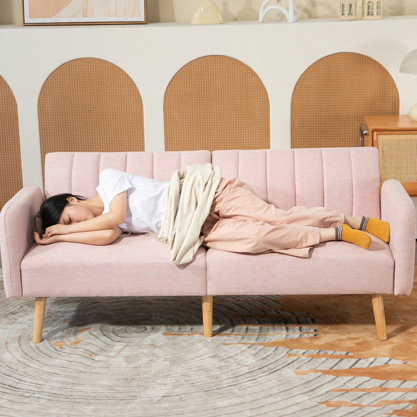 Sofá Cama de 2 Lugares com Encosto Ajustável em 3 Posições Apoio para os Braços Desmontável e Pés de Madeira Sofá Duplo Moderno para Sala de Estar Escritório 173x75x73 cm Rosa