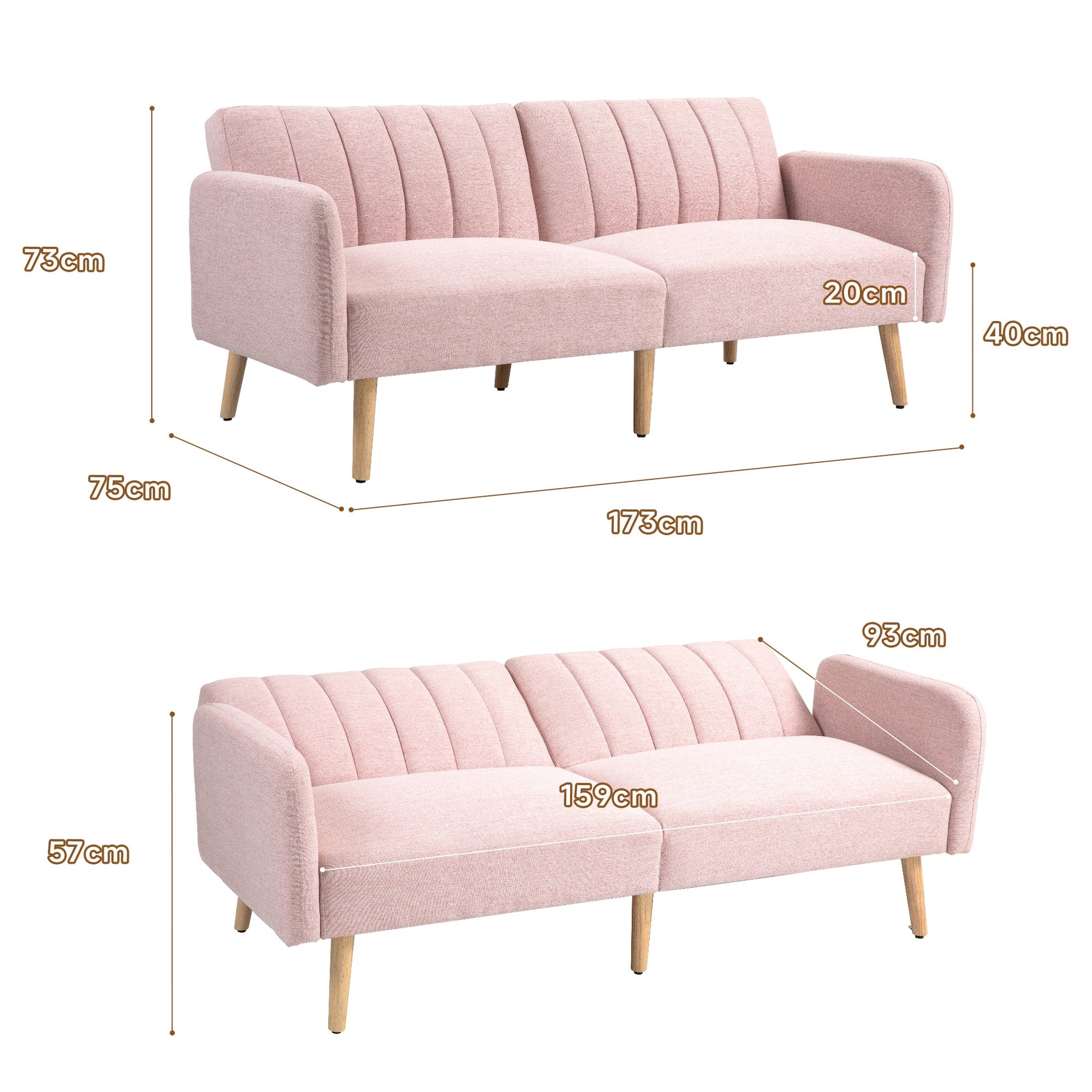 Sofá Cama de 2 Lugares com Encosto Ajustável em 3 Posições Apoio para os Braços Desmontável e Pés de Madeira Sofá Duplo Moderno para Sala de Estar Escritório 173x75x73 cm Rosa