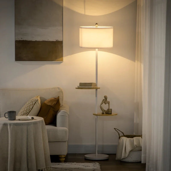 Candeeiro de Pé com Prateleiras Candeeiro de Pé Moderno Lâmpada E27 Máx. 40W com Ecrã de Linho e Interruptor de Pé para Sala de Estar Dormitório Habitação Ø40x163 cm Branco