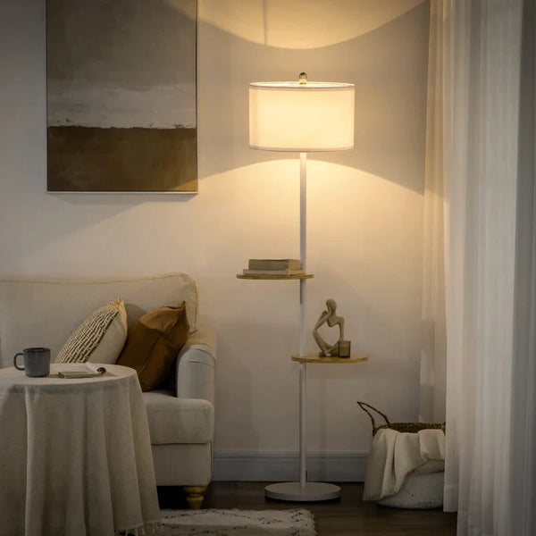 Candeeiro de Pé com Prateleiras Candeeiro de Pé Moderno Lâmpada E27 Máx. 40W com Ecrã de Linho e Interruptor de Pé para Sala de Estar Dormitório Habitação Ø40x163 cm Branco