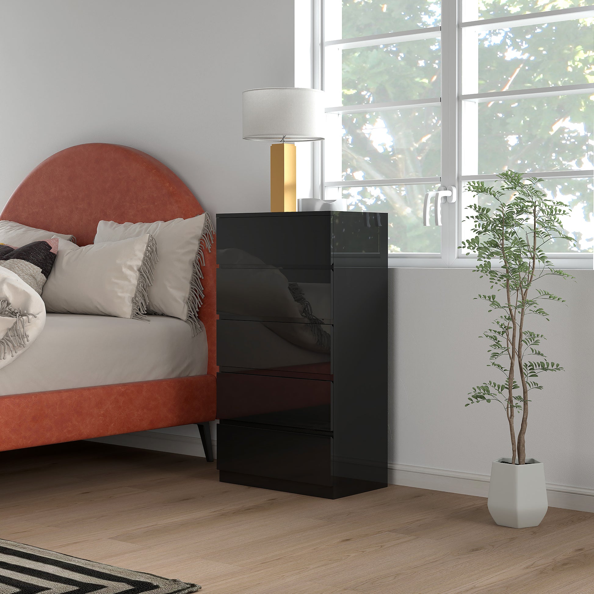 Cómoda com 5 Gavetas de Madeira Cómoda de Dormitório Cómoda Preta para Sala de Estar Estilo Moderno 55x34x100 cm Preto