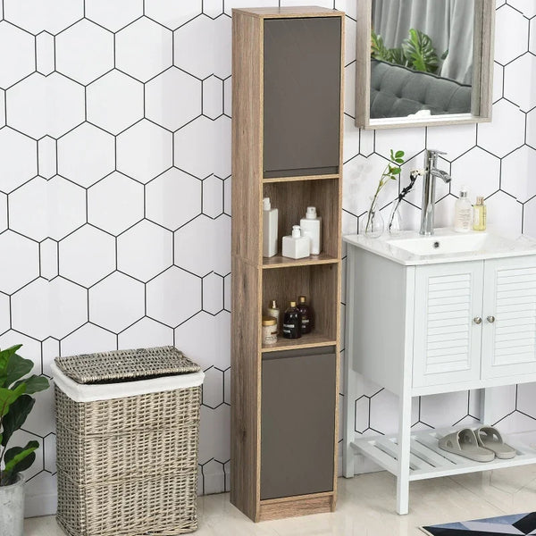 Armário alto para banheiro com 2 portas e 2 prateleiras abertas Móveis auxiliares para sala de estar Corredor 30x24x170 cm Carvalho e cinza