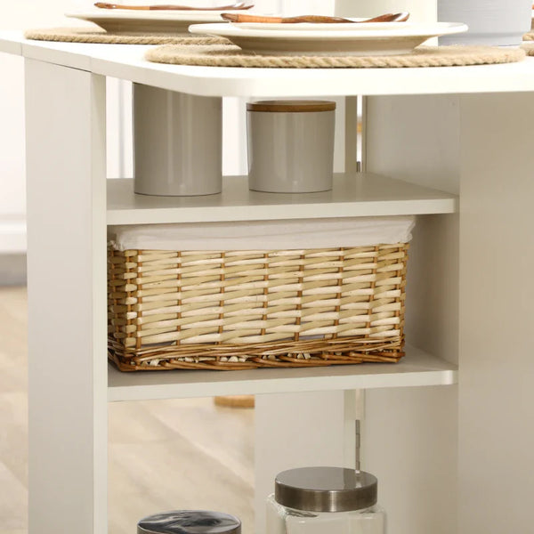 Mesa de Cozinha Dobrável Mesa de Cozinha Extensível Laterais Dobráveis com 6 Rodas e 2 Gavetas de Armazenamento de Estilo Moderno 120x80x75 cm Branco