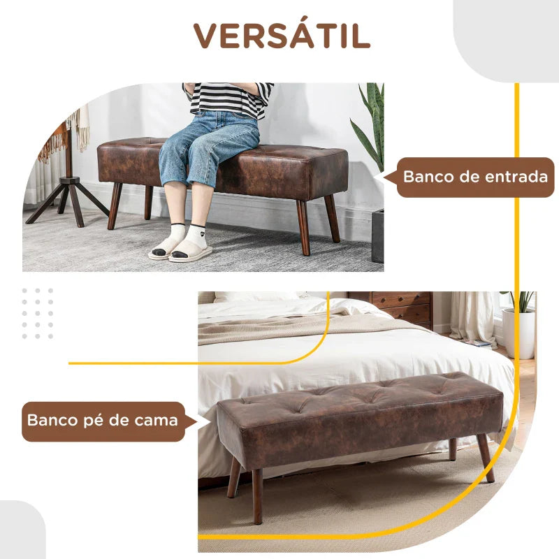 Banco de Pé de Cama Multifuncional Banco Pé de Cama Clássico Banco Dormitório com Pés de Madeira e Assento Acolchoado Carga 120 kg para Entrada Corredor 114x38x42 cm Marrom