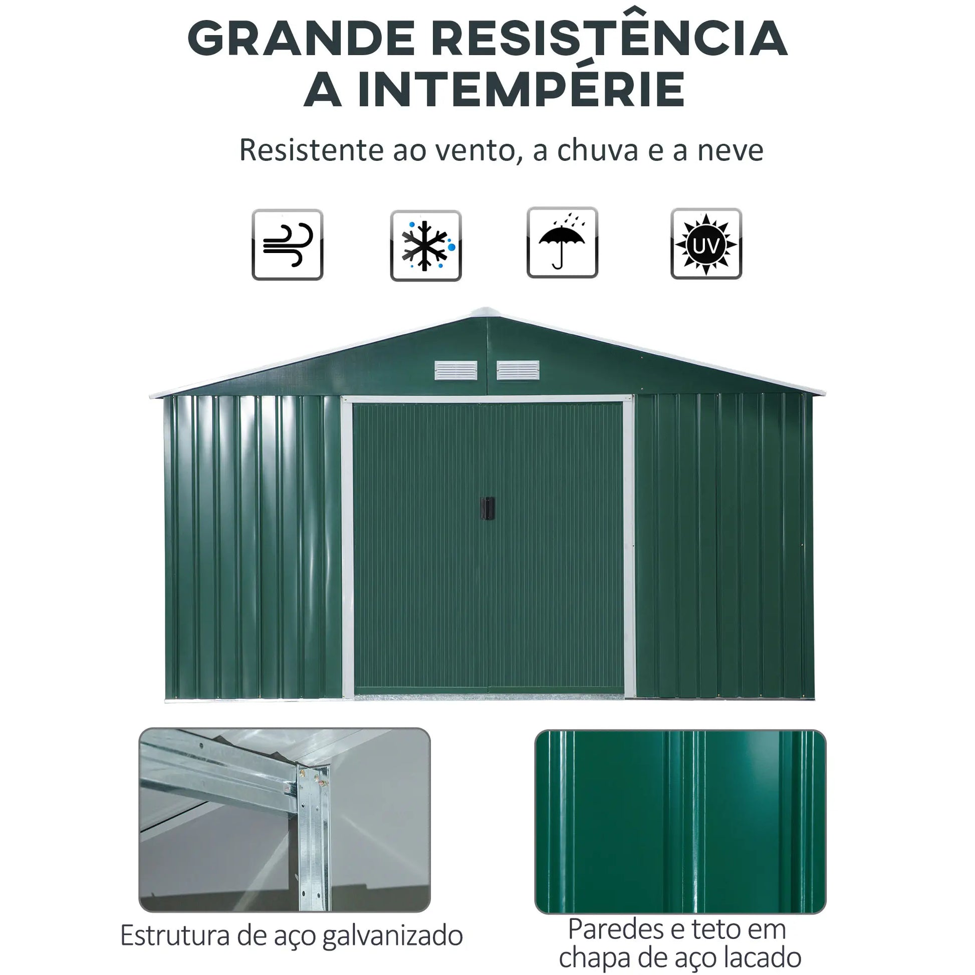 Abrigo de Jardim Metálico 340x386x200cm Abrigo de Exterior para Armazenamento de Ferramentas com Base de Reforço Incluida 4 Janelas de Ventilação e Porta Corredeira Verde