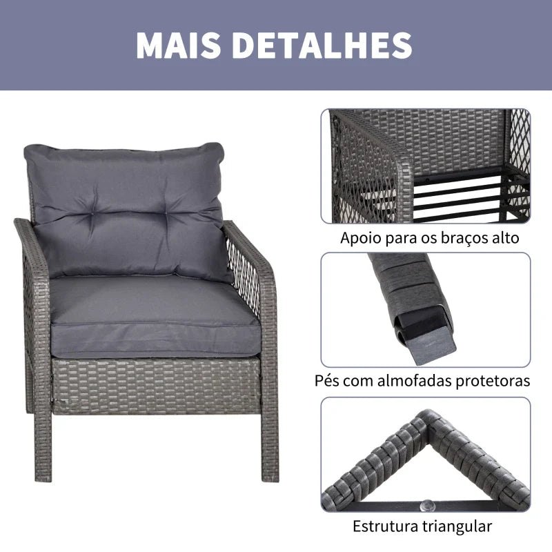 Conjunto de móveis de rattan de jardim 3 peças 2 poltronas 65x66x75 cm e 1 mesa de vidro temperado 50x50x50 cm com almofadas acolchoadas para terraço pátio cinza