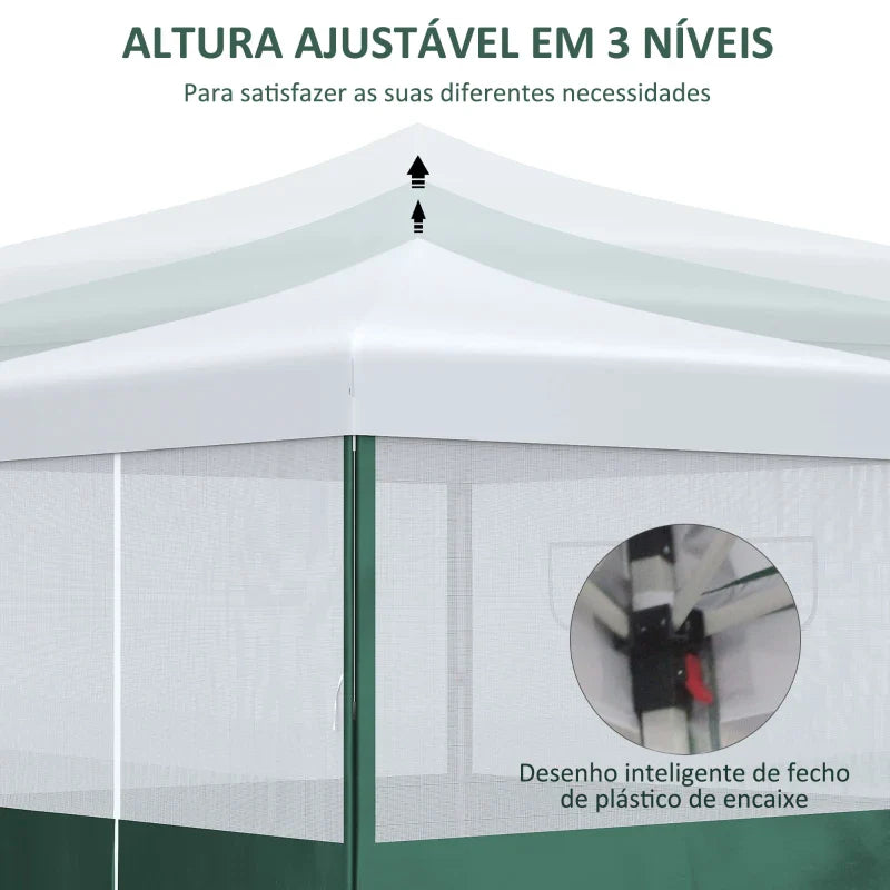 Tenda Dobrável 2,7x2,7cm Tenda de Jardim com Proteção UV30 Altura Ajustável em 3 Níveis 2 Janelas e Bolsa de Transporte para Pátio Varanda Branco e Verde