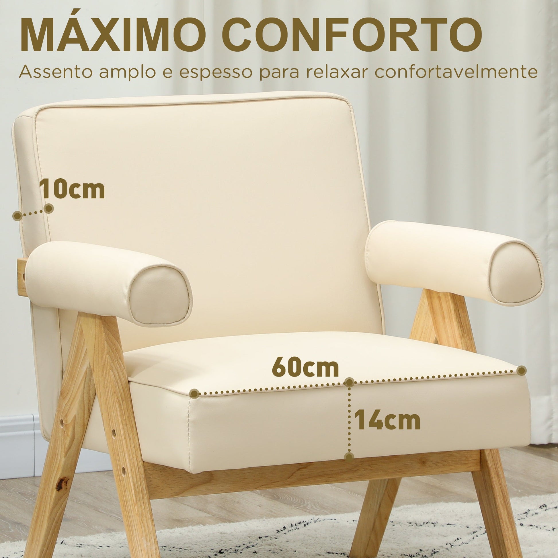 Poltrona Sala de Estar Poltrona Nórdica Poltrona Estofada em PU com Apoio para os Braços e Estrutura de Madeira de Borracha para Dormitório Carga 120 kg 73x70x80 cm Creme