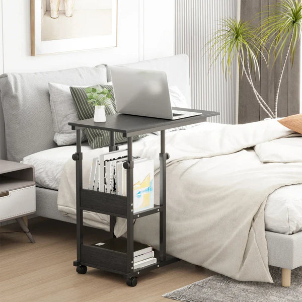 Mesa Lateral para Sofá Mesa lateral em Forma de C com 4 rodas Giratórias Freios Altura Ajustável 3 níveis Estrutura Metálica 80x40x72-82cm Preto