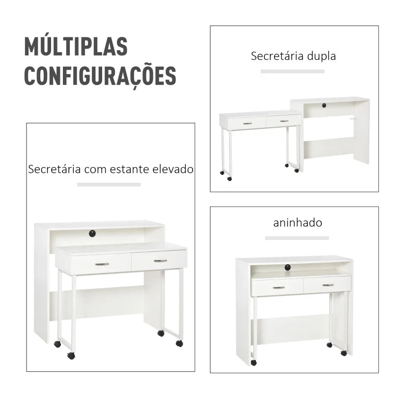 Conjunto de 2 mesas secretária para escritório com rodas 2 gavetas 100x36x88 cm Branco