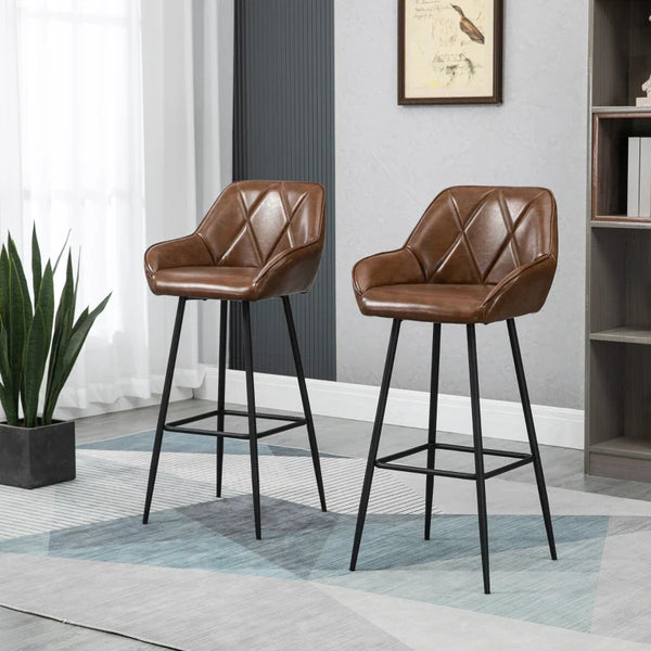 Conjunto de 2 Bancos Altos de Cozinha Bancos de Bar Estofados em PU com Encosto Alto Pés de Aço e Apoio para os Pés para Sala de Jantar Carga 120kg 50x47,5x102,5cm Marrom