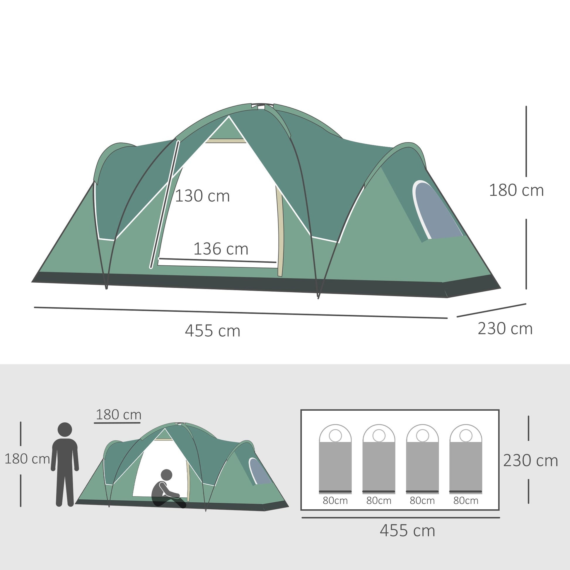 Tenda de Campismo para 4-5 Pessoas Impermeável 3000mm+ Anti UV com Bolsa de Transporte e Gancho para Luz 455x230x180cm Verde