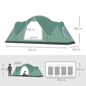 Tenda de Campismo para 4-5 Pessoas Impermeável 3000mm+ Anti UV com Bolsa de Transporte e Gancho para Luz 455x230x180cm Verde