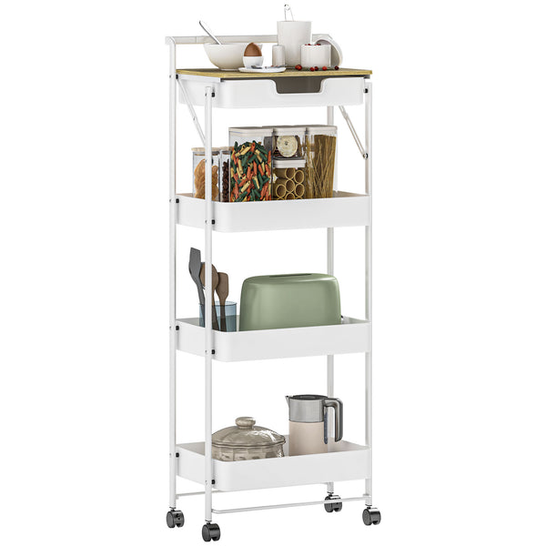 Carrinho Auxiliar com Rodas de 4 Níveis Carrinho de Cozinha com 1 Gaveta e 3 Cestos Carrinho Organizador para Dormitorio Sala Escritório 45x29,5x117,5 cm Branco