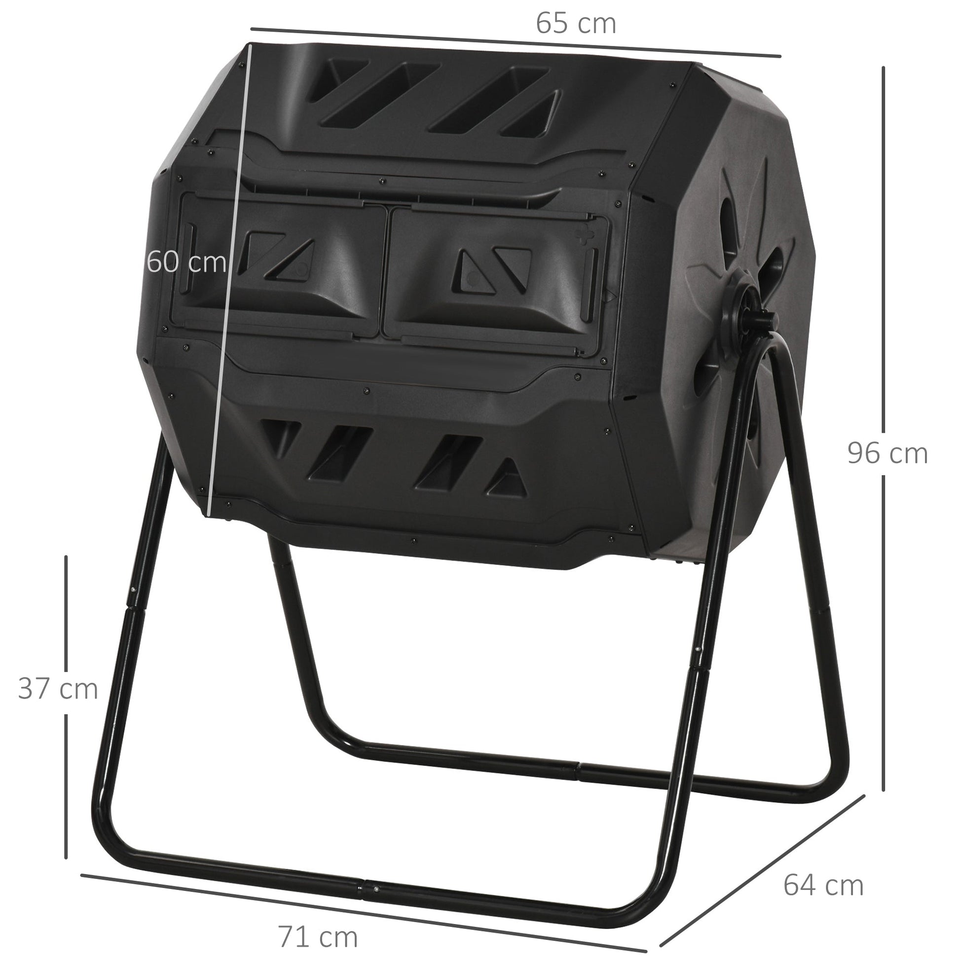 Compostor Giratório com Capacidade 160L de Dupla Câmera e Ventilação Estrutura de Aço para Resíduos Orgânicos de Jardim 71x64x92cm Preto