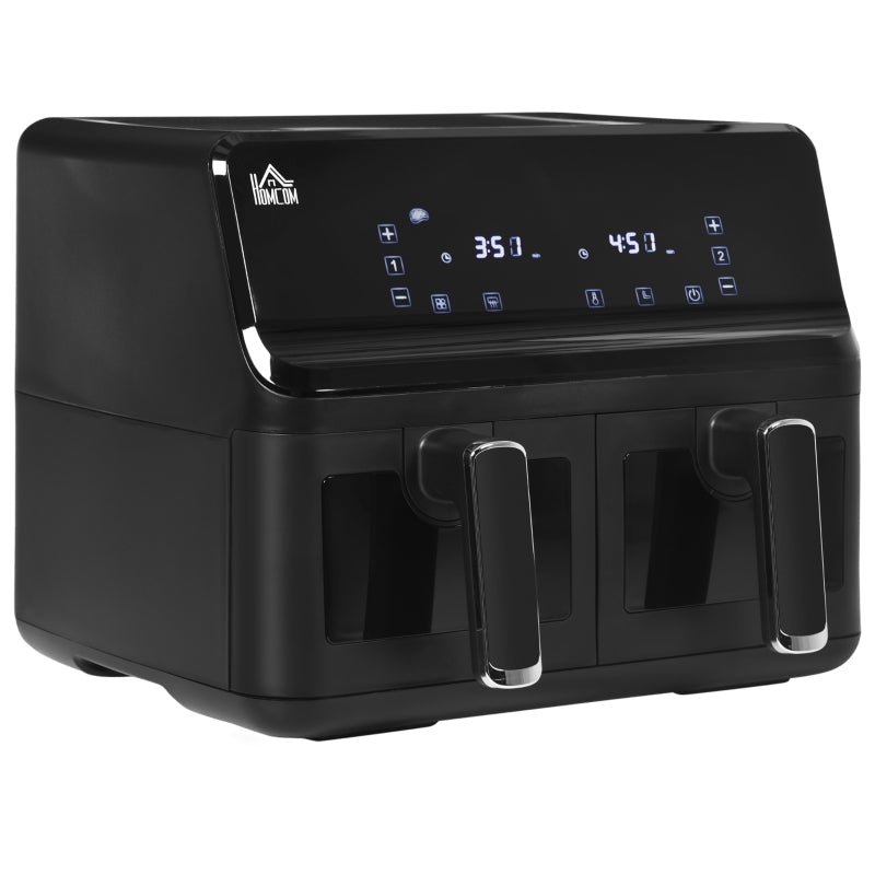 Fritadeira sem Óleo Dupla 8L Fritadeira de Ar Quente 2500W com 8 Programas Ecrã LED Tátil Temperatura Ajustável 80-200°C Temporizador e Cesta Antiaderente 38,5x38x30,5 cm Preto