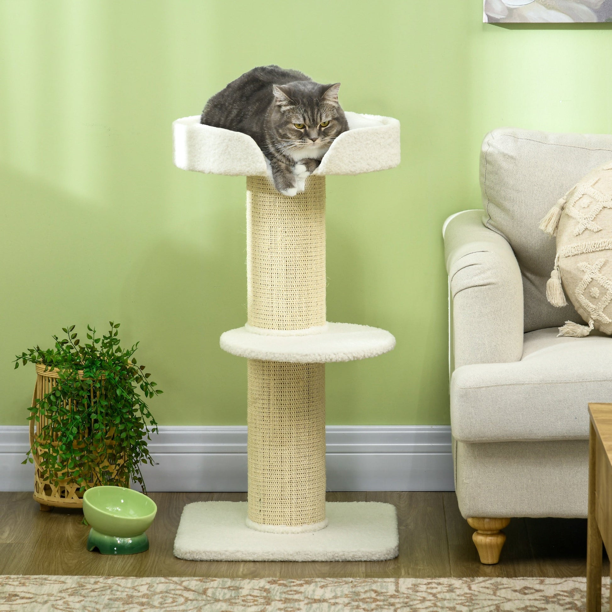 PawHut Arranhador para Gatos Altura 91 cm Arranhador para Gatos de 3 Níveis com Ninho Plataforma e Poste de Sisal 45x45x91 cm Creme
