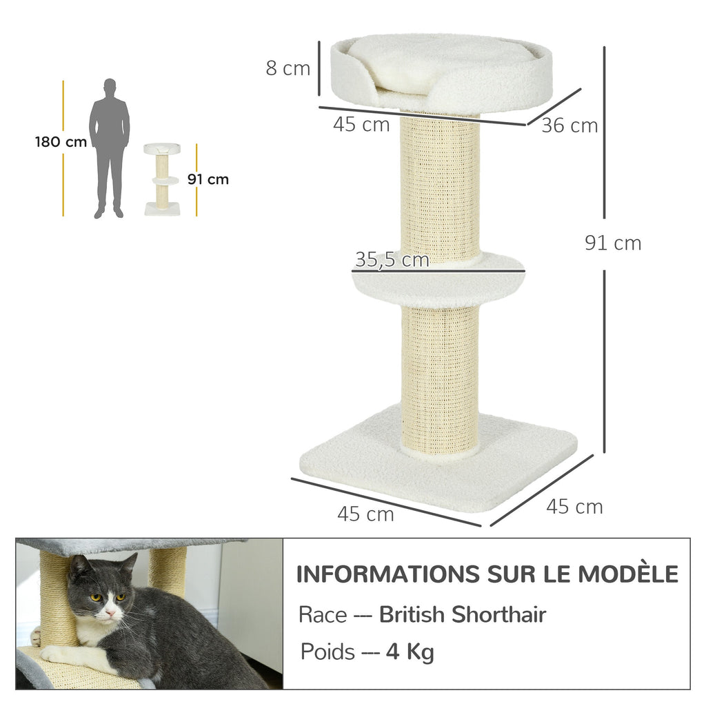 PawHut Arranhador para Gatos Altura 91 cm Arranhador para Gatos de 3 Níveis com Ninho Plataforma e Poste de Sisal 45x45x91 cm Creme