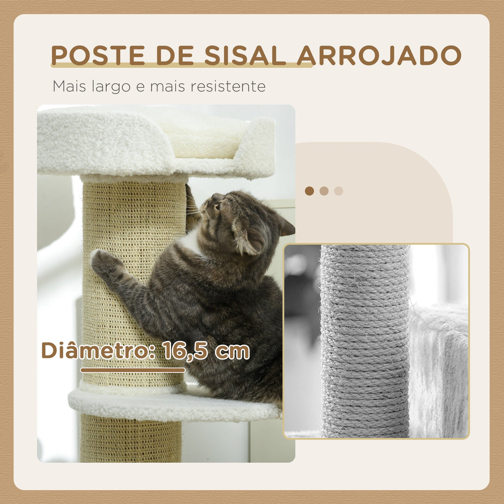 PawHut Arranhador para Gatos Altura 91 cm Arranhador para Gatos de 3 Níveis com Ninho Plataforma e Poste de Sisal 45x45x91 cm Creme