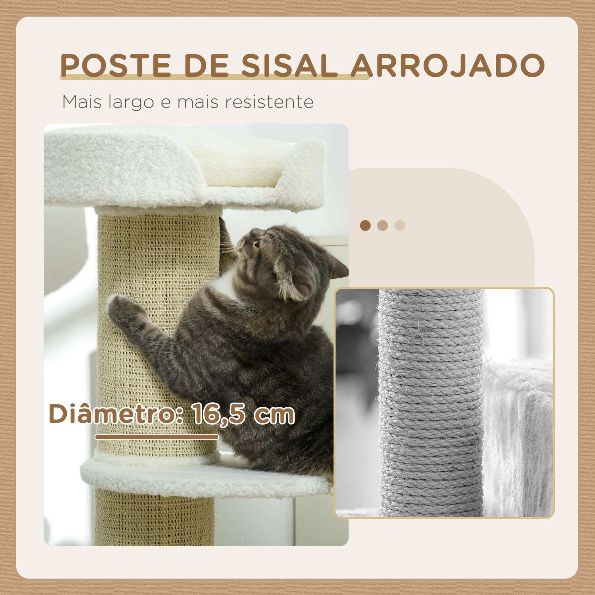 PawHut Arranhador para Gatos Altura 91 cm Arranhador para Gatos de 3 Níveis com Ninho Plataforma e Poste de Sisal 45x45x91 cm Creme