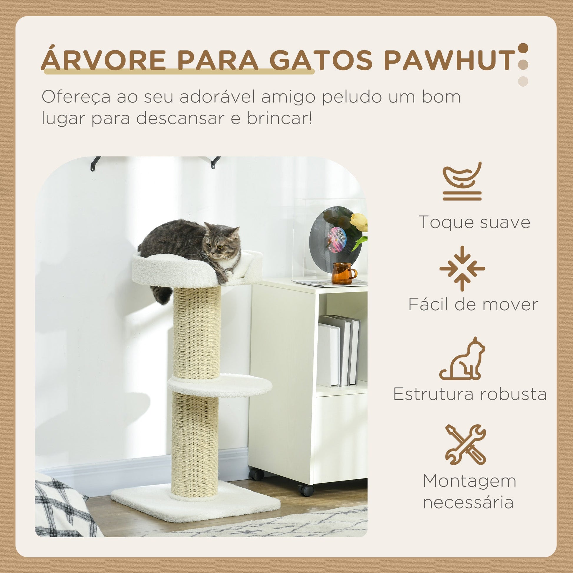 PawHut Arranhador para Gatos Altura 91 cm Arranhador para Gatos de 3 Níveis com Ninho Plataforma e Poste de Sisal 45x45x91 cm Creme