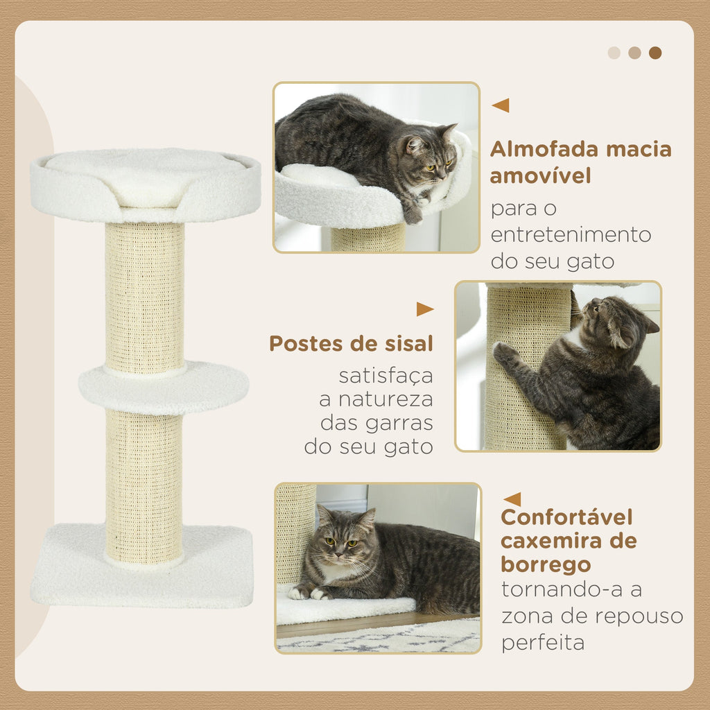 PawHut Arranhador para Gatos Altura 91 cm Arranhador para Gatos de 3 Níveis com Ninho Plataforma e Poste de Sisal 45x45x91 cm Creme
