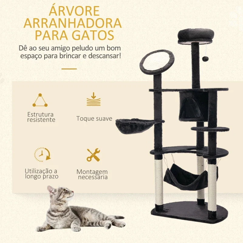 PawHut Árvore Arranhador para Gatos Grande Altura 153cm Torre de Escalada para Gatos com Caverna Redes Plataformas Postes Arranhadores de Sisal e Bola Suspensa Cinza Escuro