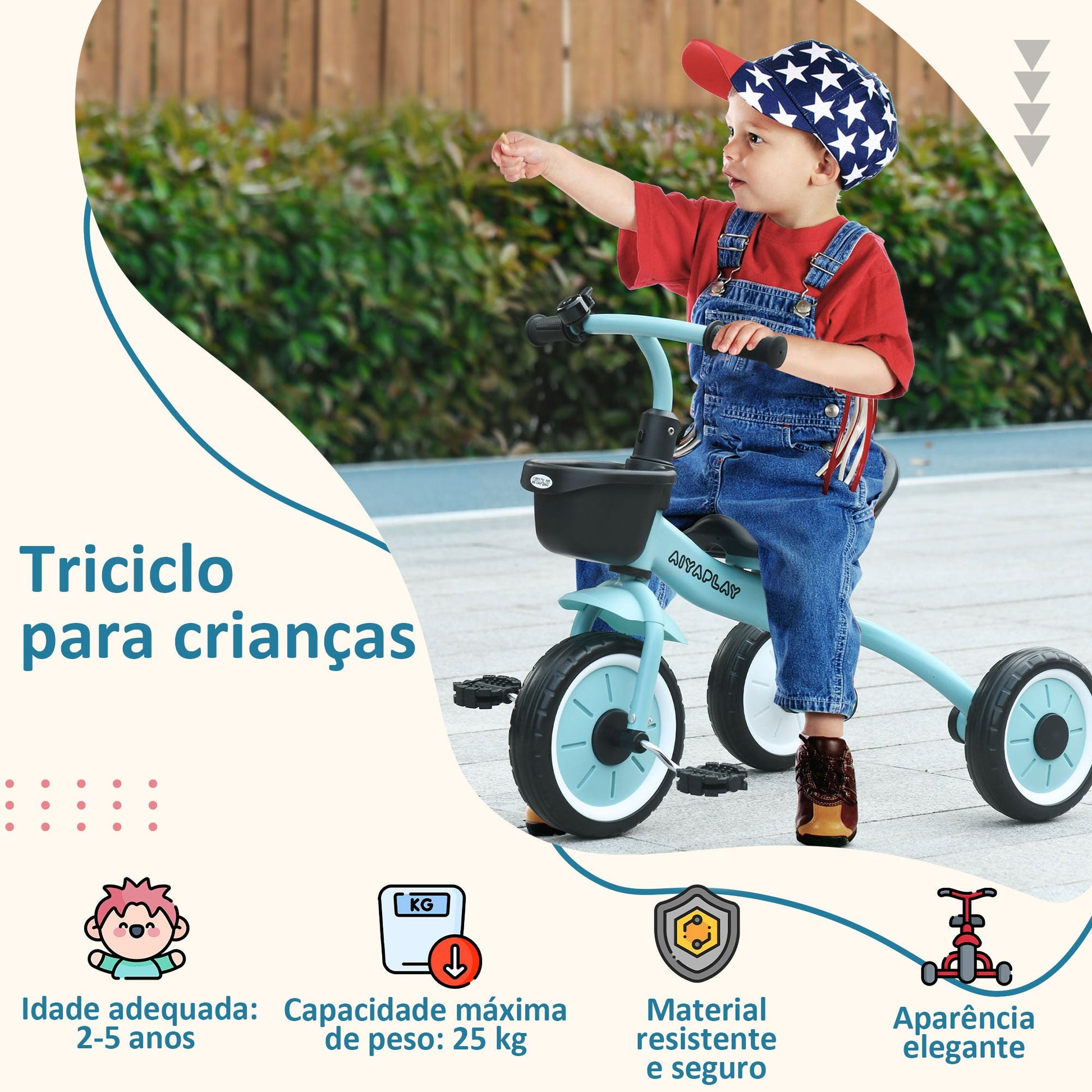 AIYAPLAY Triciclo para Crianças de 2 a 5 anos Triciclo Infantil com Assento Ajustável Cesta Buzina e Pedais e 3 Rodas Carga Máxima 25 kg 70,5x53x58 cm Azul