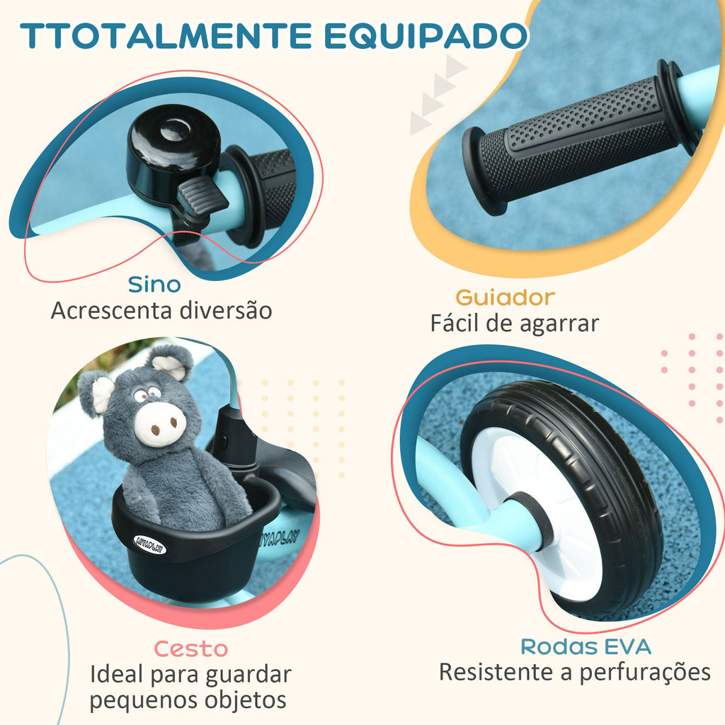 AIYAPLAY Triciclo para Crianças de 2 a 5 anos Triciclo Infantil com Assento Ajustável Cesta Buzina e Pedais e 3 Rodas Carga Máxima 25 kg 70,5x53x58 cm Azul