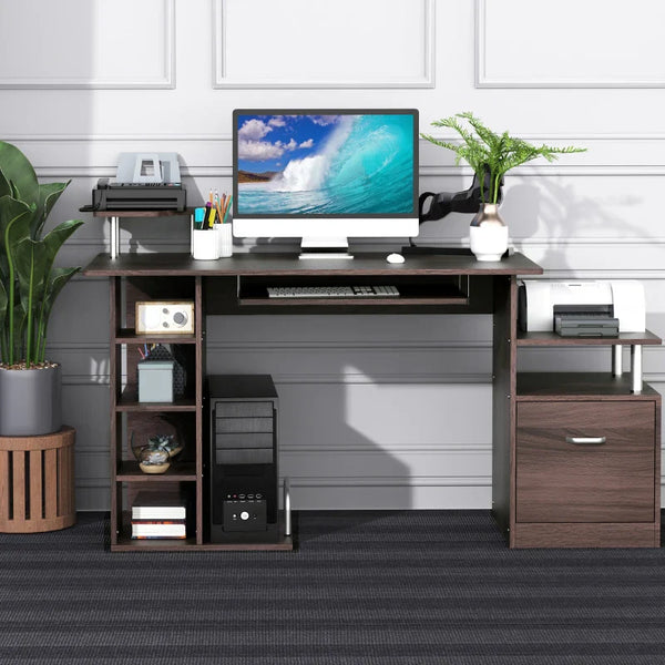 Mesa para Computador 120cm Secretária para Escritório com Múltiplas Prateleiras Gavetas Bandeja de Teclado Suporte para Monitor Impressora e CPU 152x60x88cm Marrom
