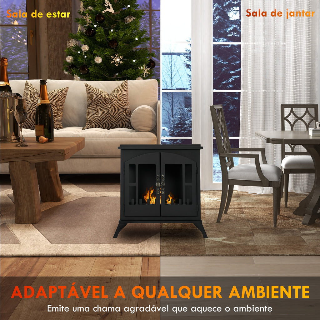 Lareira de Bioetanol Lareira de Bioetanol de Pé com Depósito de 0,9L Apagador de Chamas de Aço Inoxidável Tempo de Combustão 3H para Interiores 20-25 m² 55x31x55 cm Preto