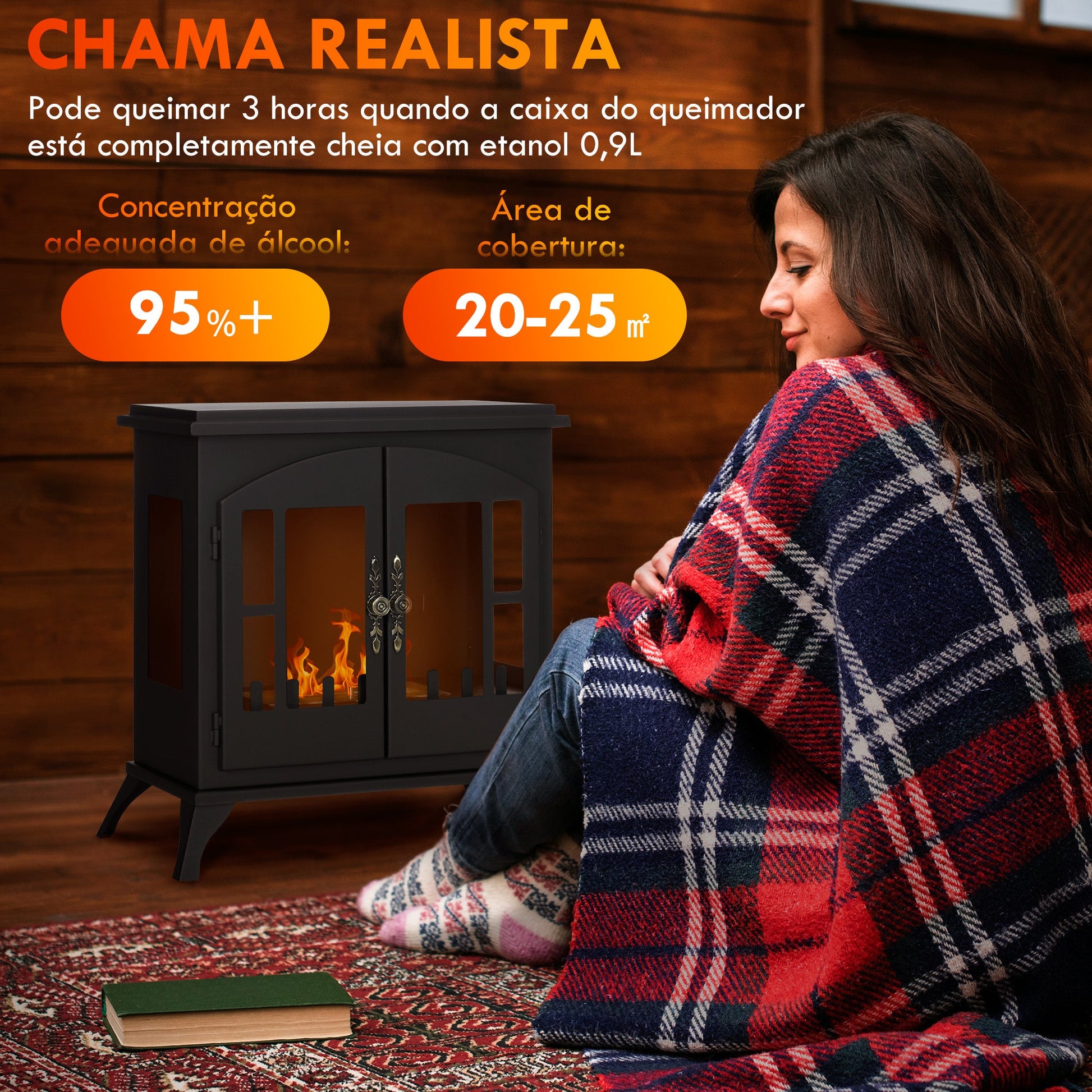 Lareira de Bioetanol Lareira de Bioetanol de Pé com Depósito de 0,9L Apagador de Chamas de Aço Inoxidável Tempo de Combustão 3H para Interiores 20-25 m² 55x31x55 cm Preto