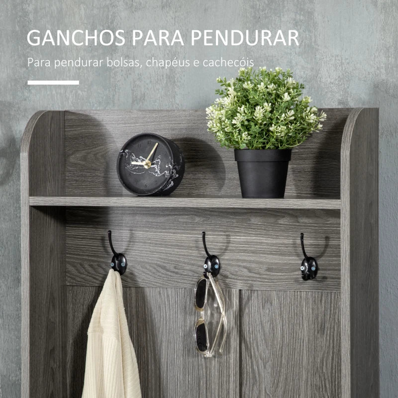 Móvel Cabide de Entrada com Sapateiro Móvel de Entrada com 3 Ganchos 2 Portas 2 Compartimentos e Prateleira de Armazenamento para Corredor 60x34x170 cm Cinza