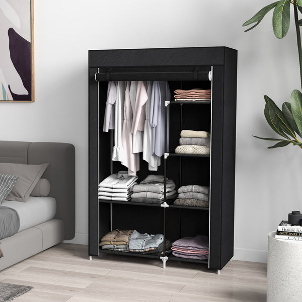 Roupeiro de Tecido Dobrável Armário de Roupa Portátil com 6 Prateleiras e 1 Barra de Pendurar para Dormitório Vestidor 103x43x162,5 cm Preto