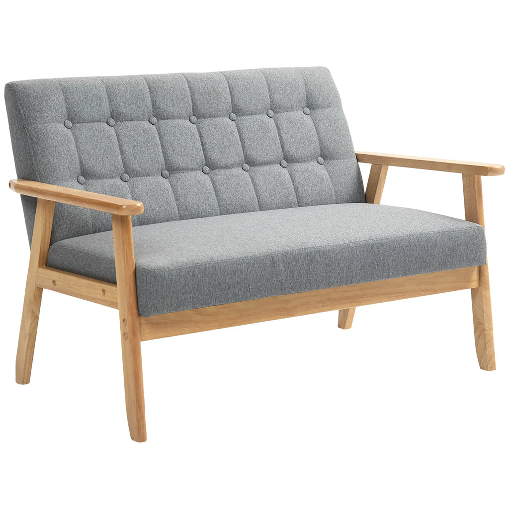 Sofá 2 Lugares Sofá Estofado em Linho com Apoio para os Braços de Madeira Encosto Acolchoado Carga 250 kg Poltrona para Sala de Estar Dormitório 114x75x76 cm Cinza Claro