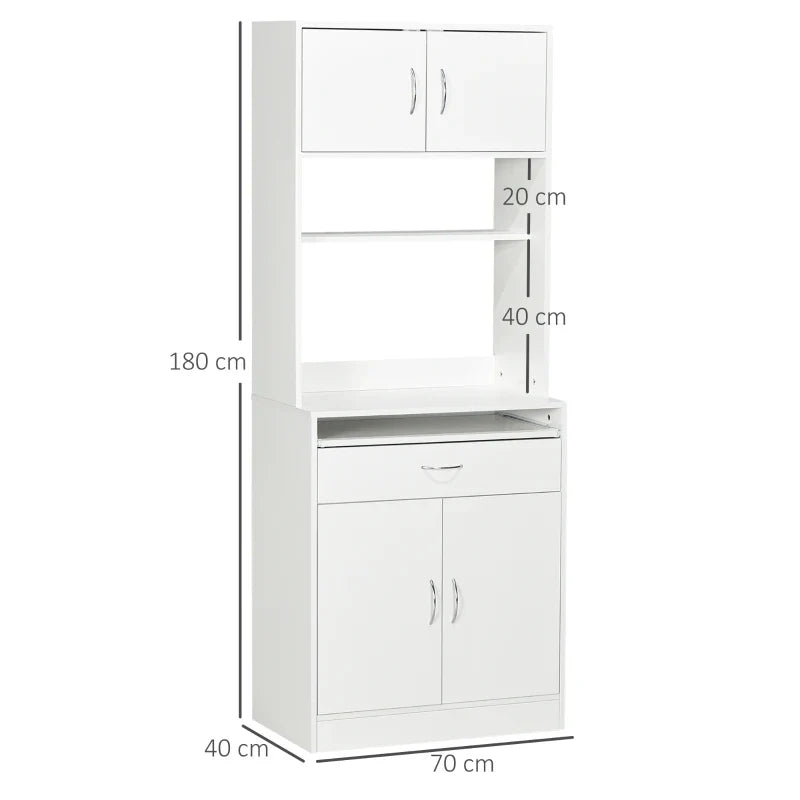 Armário de Cozinha Móvel Auxiliar de Cozinha com 4 Portas Bandeja Amovível Prateleira Ajustável Gaveta e Bancada para Micro-Ondas 70x40x180 cm Branco