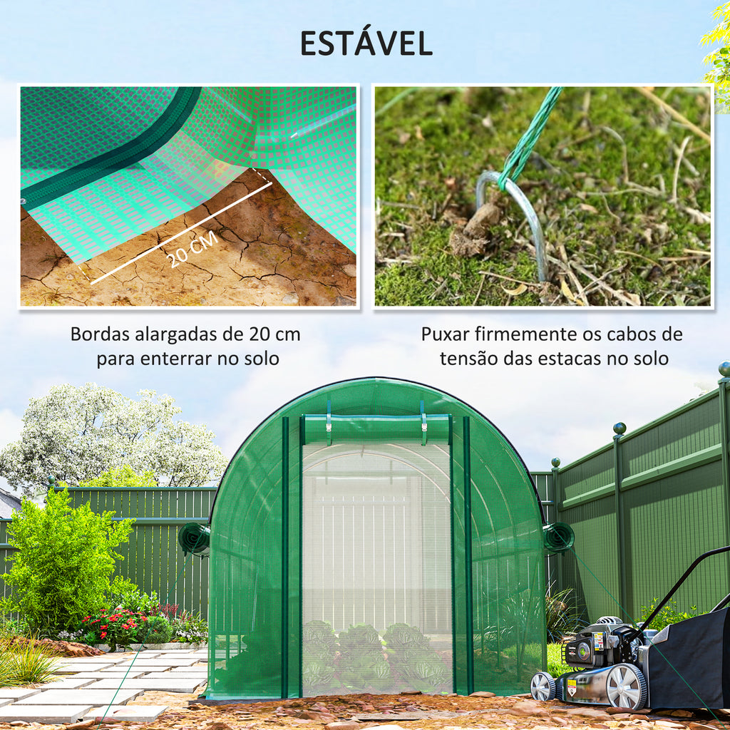 Estufa Tipo Túnel 447x200x198 cm Estufa de Exterior com Paredes Laterais Enroláveis Cobertura Extra 8 Janelas de Malha e 2 Portas Enroláveis Estufa de Jardim Pátio Verde