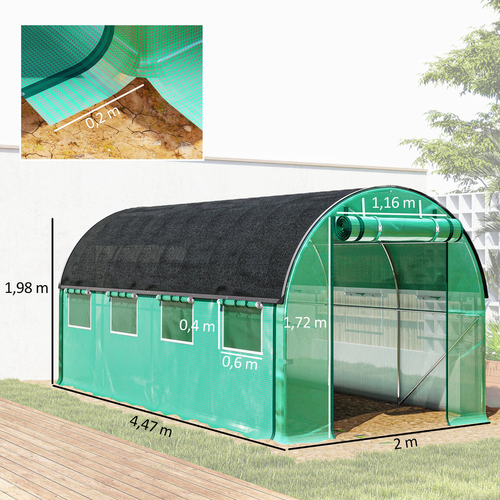 Estufa Tipo Túnel 447x200x198 cm Estufa de Exterior com Paredes Laterais Enroláveis Cobertura Extra 8 Janelas de Malha e 2 Portas Enroláveis Estufa de Jardim Pátio Verde