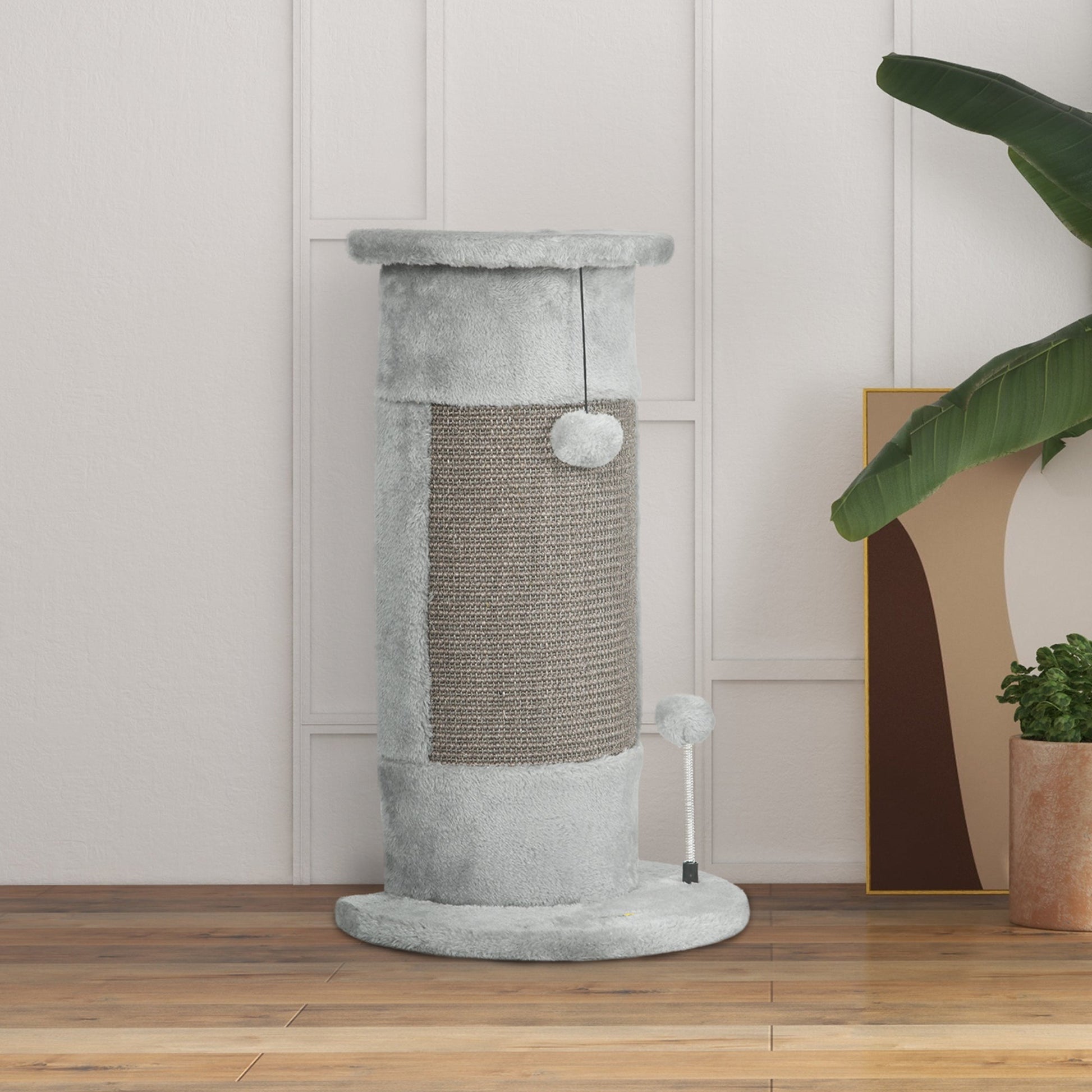 PawHut Poste de Arranhar para Gatos 58 cm Arranhador para Gatos com Poste de Sisal e Bolas Suspensas 34x25,5x58 cm Cinza