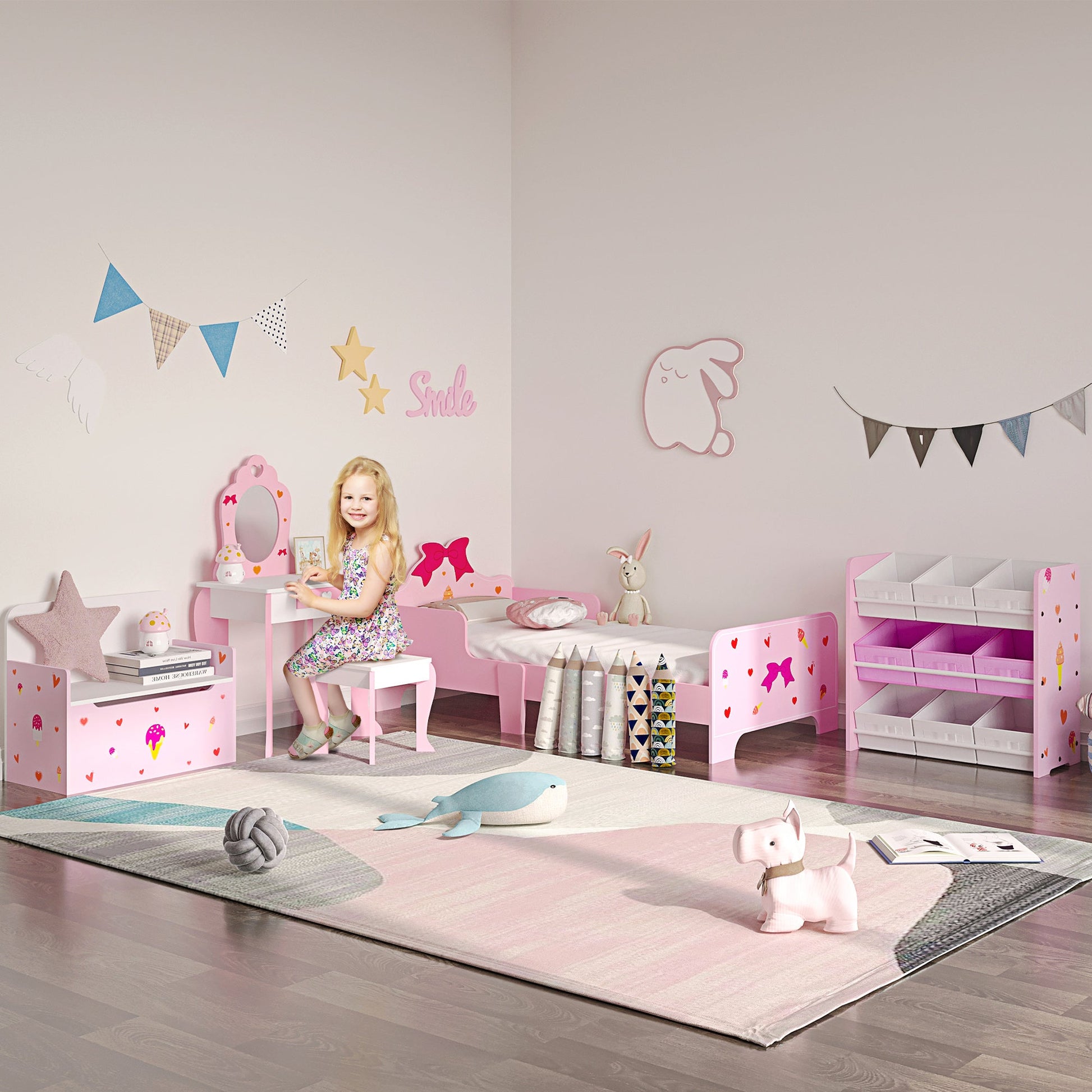 Cama para Crianças de 3-6 Anos 143x74x59cm Cama Infantil de Madeira com Barreiras de Proteção Carga Máxima 80kg Rosa