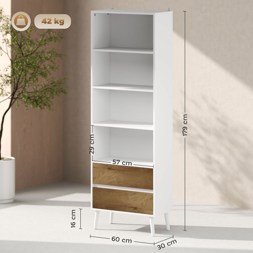 Estante para Livros de 6 Níveis Estante com 2 Gavetas e 4 Prateleiras Abertas para Sala de Estar Escritório Dormitório 60x30x179 cm Branco