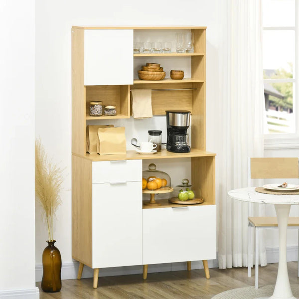 Armário de Cozinha Móvel Auxiliar de Cozinha com 3 Portas Gaveta Prateleira Ajustável Bancada para Micro-Ondas e Suporte para Panos 93x40x180 cm Madeira e Branco