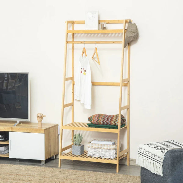 Suporte para Cabides de Bambu Cabideiro com Prateleira de 3 Níveis com Barra e Cabide Lateral para Roupas Bolsas 70x42x164cm Madeira