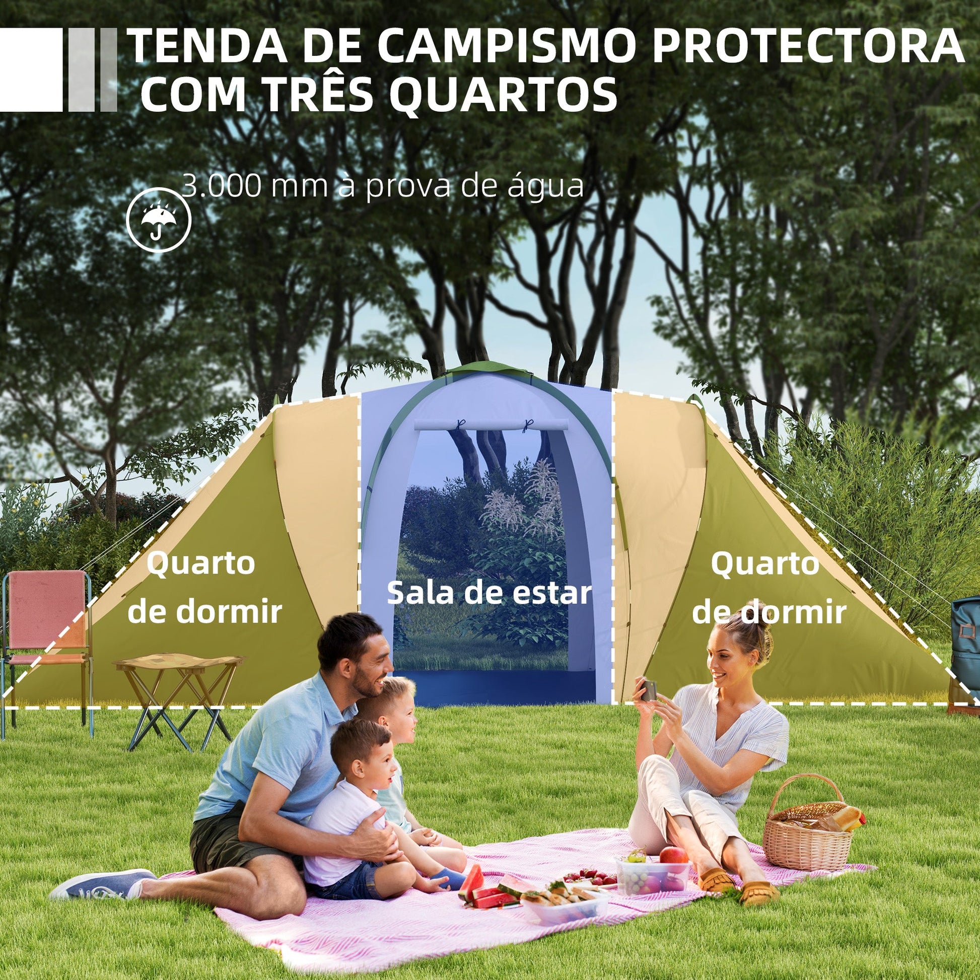 Tenda de Campismo Familiar para 4-6 Pessoas com 2 Dormitórios Tenda de Campismo Grande Impermeável 3000 mm com Bolsa de Transporte 555x225x190 cm Cinza e Verde