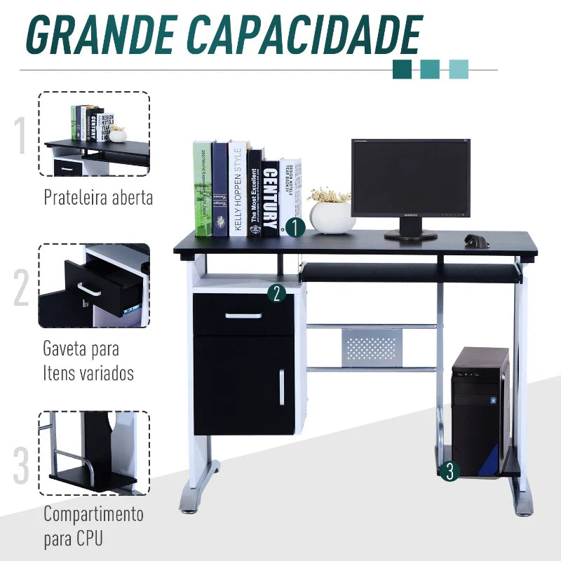 Mesa para Computador com Gaveta Armário e Suporte para CPU Secretária para Escritório Estúdio Dormitório 100x52x75cm Preto e Branco