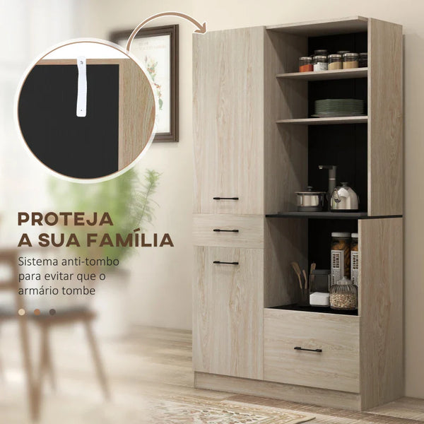 Armário de Cozinha Moderno Armário de Cozinha com 2 Gavetas 2 Armários e 4 Prateleiras Abertas Móvel Auxiliar de Cozinha 90x40x170 cm Madeira e Preto