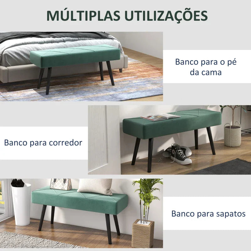 Banco de Pé de Cama Multifuncional Banco de Pé de Cama Moderno Banco de Dormitório com Pés de Aço e Assento Acolchoado Carga Máxima 120 kg Entrada Corredor 100x36x45 cm Verde